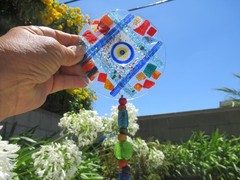 Fused Glass Round Evil Eye Mosaic Decor Wall Hanging, ~10″ long, 5″ diameter