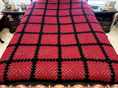 Vintage Crochet Throw Afghan Blanket 60×78 Deep Red Squares Outlined in Black