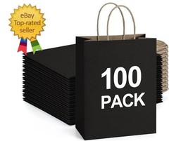 Recyclable Kraft Paper Gift Bag, 8X4.25X10.5 Inches, 100Pcs, Black, with Handles