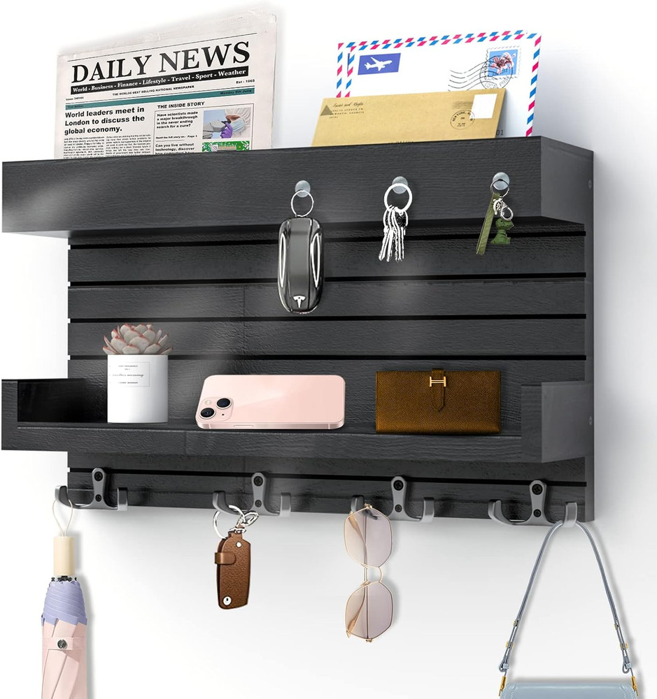 Key Holder for Wall Decorative Wall Mounted Mail Holder with 4 Key Hooks, Wooden