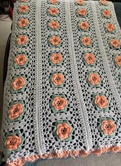 Crochet 3D Rose Granny Squares Afghan Lap Blanket Peach, Green & White 42x 56