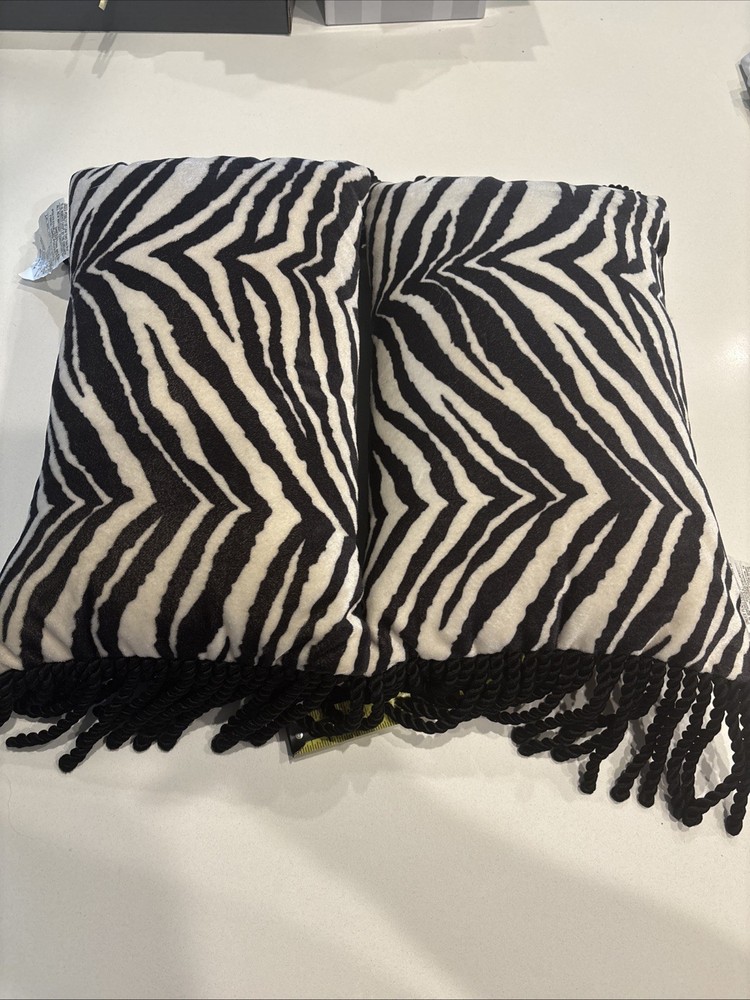 Set Of 2 Zebra Striped Fleece Throw Pillows- Black and White W/tassel Fringe