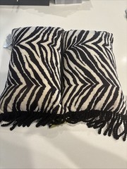 Set Of 2 Zebra Striped Fleece Throw Pillows- Black and White W/tassel Fringe