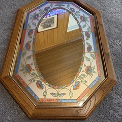 Vintage Octagon Floral Accent Mirror Framed Wood Multicolor Wall Mounted RARE