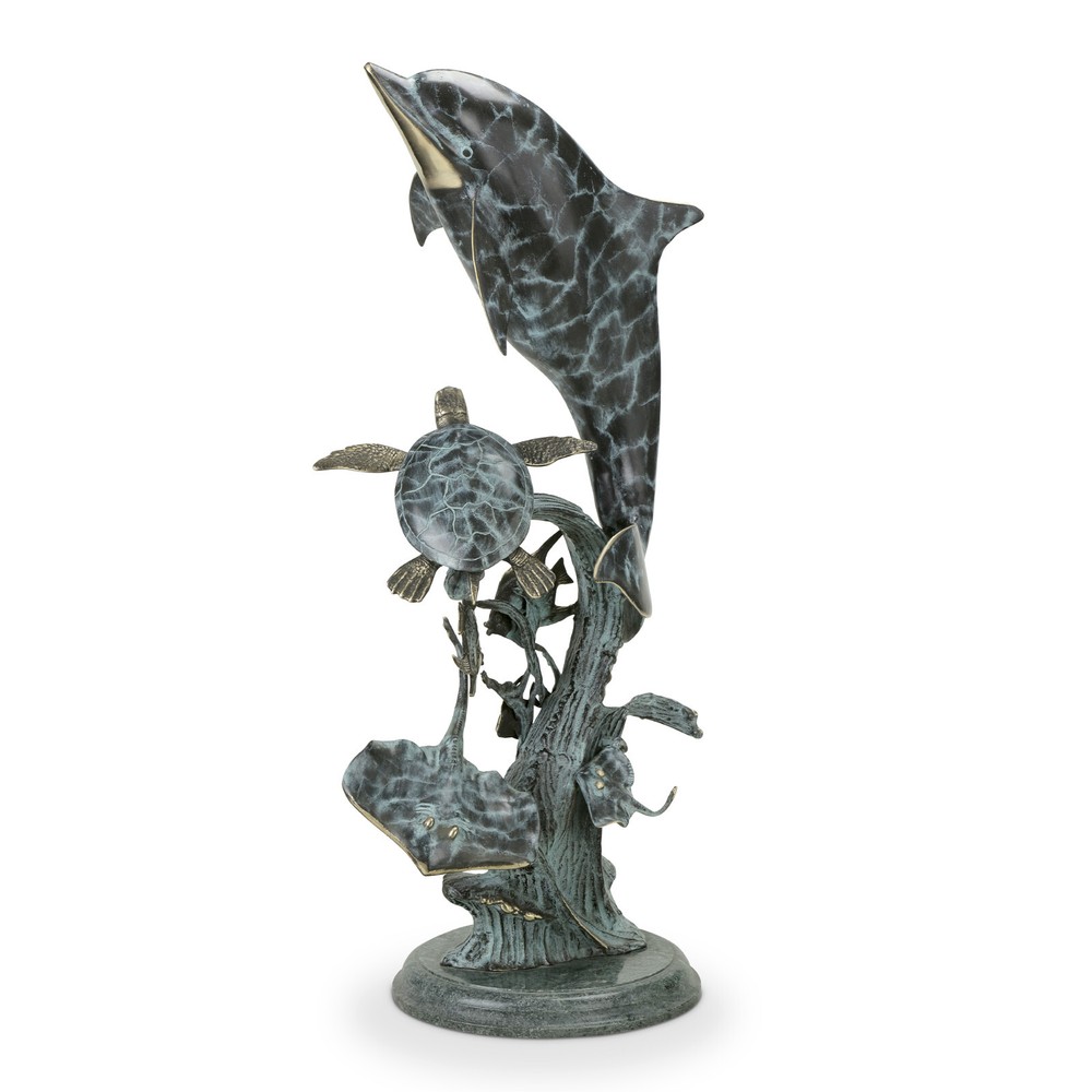 Dolphin Seaworld Sculpture Brass Marble Nautical Ocean Sealife Statue 29In H