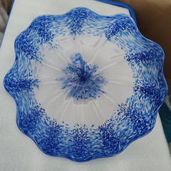 1PC Hand Blown Glass Blue Flower Art Platter Plate for Home Wall Decor-D12″