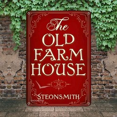 The Old Farmhouse Metal Sign Red Ornate Border Farm Cottage Front Door Decor