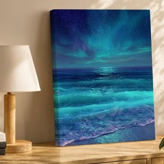 Aurora Borealis Over Calm Ocean Waves Canvas Wall Art Night Sky Print Wall Home