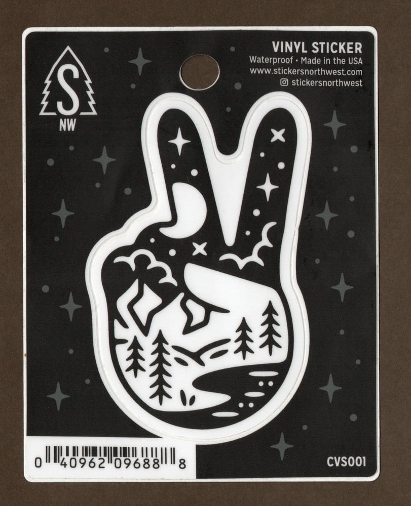 Peace Sign Vinyl Sticker Decal, 3.5″, Nature/Forest Theme, 2 Finger, Hand B & W
