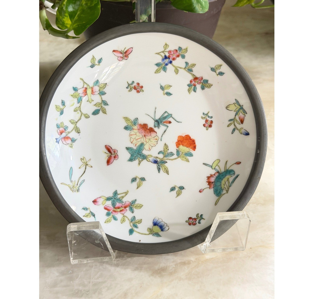 Vtg Pewter Encased Porcelain Bowl Hong Kong Hand Painted Floral Butterfly 7.25″