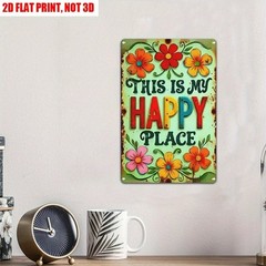 Retro Garden Decor Metal Sign This Is My Happy Place Colorful Floral Plaque 12×8