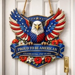 Wooden USA 250th Anniversary Door Sign: 250 Years of Freedom, Patriotic Eagle