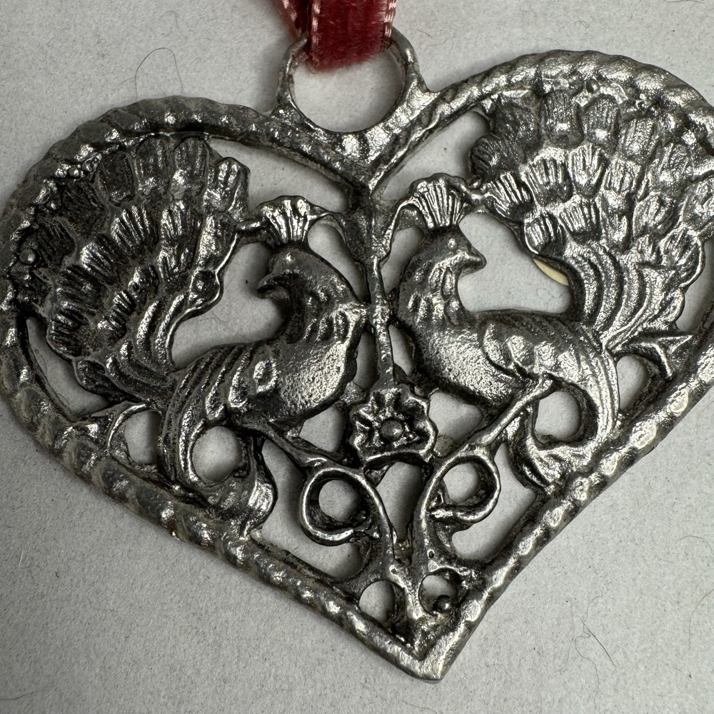 Vintage Pewter Heart Shaped Handmade Wall Decor Two Peacocks