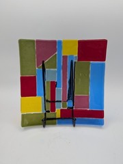 Handmade Fused Art Glass Square Dish Rainbow Geometric Quilted 8″