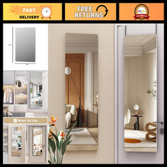 Full Length Door Mirror 47″x16″ – Over The Door Hanging Wall Mounted, Round Whit