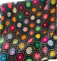 vintage 70s Black FLOWER POWER 3d Knit AFGHAN day glo hexagons granny squares