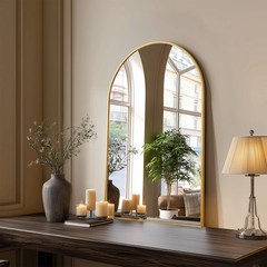 Gold Arched Wall Mounted Bathroom Metal Frame Vanity Mirror w/Shatterproof Glass