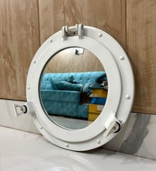 White Nautical Porthole Mirror 12in Aluminum Maritime Ship Window Wall Decor