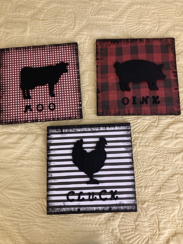 3 Barnyard Animals Paper On Canvas Wall Art. Wooden Figures Letters 12×12