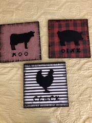 3 Barnyard Animals Paper On Canvas Wall Art. Wooden Figures Letters 12×12