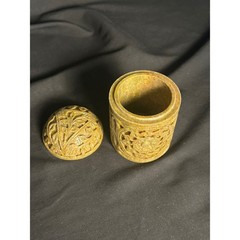 Unbranded Soapstone Jar Unisex Small Tan Excellent Hand Carved Floral Openwork