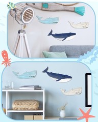 Blue White Whale Wall Decor Wooden Nautical Beach Coastal Home Hanging Art
