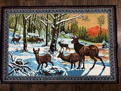Vintage Tapestry Wall Hanging 37”x52” Deer Forest Winter Scene Made In Turkey