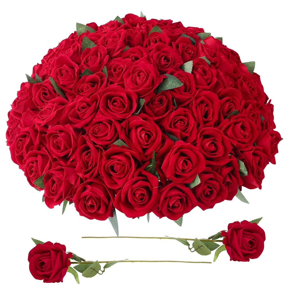 Ovveroche 90 Pcs Red Velvet Rose Artificial Flowers, 51cm Silk Wedding Fake S…