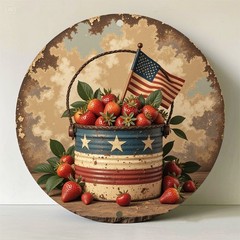 Vintage Patriotic Strawberry USA Bucket Metal Sign 4th July Porch Wall Decor