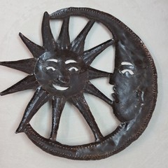 Sun and Moon Metal Wall Hanging Art Celestial Haitian Hammered Decoration 10 in