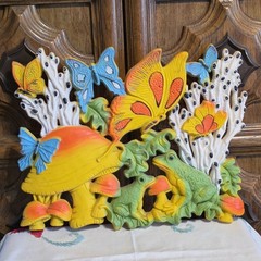 Homco mushroom wall art with frogs and butterflies vintage 1970s