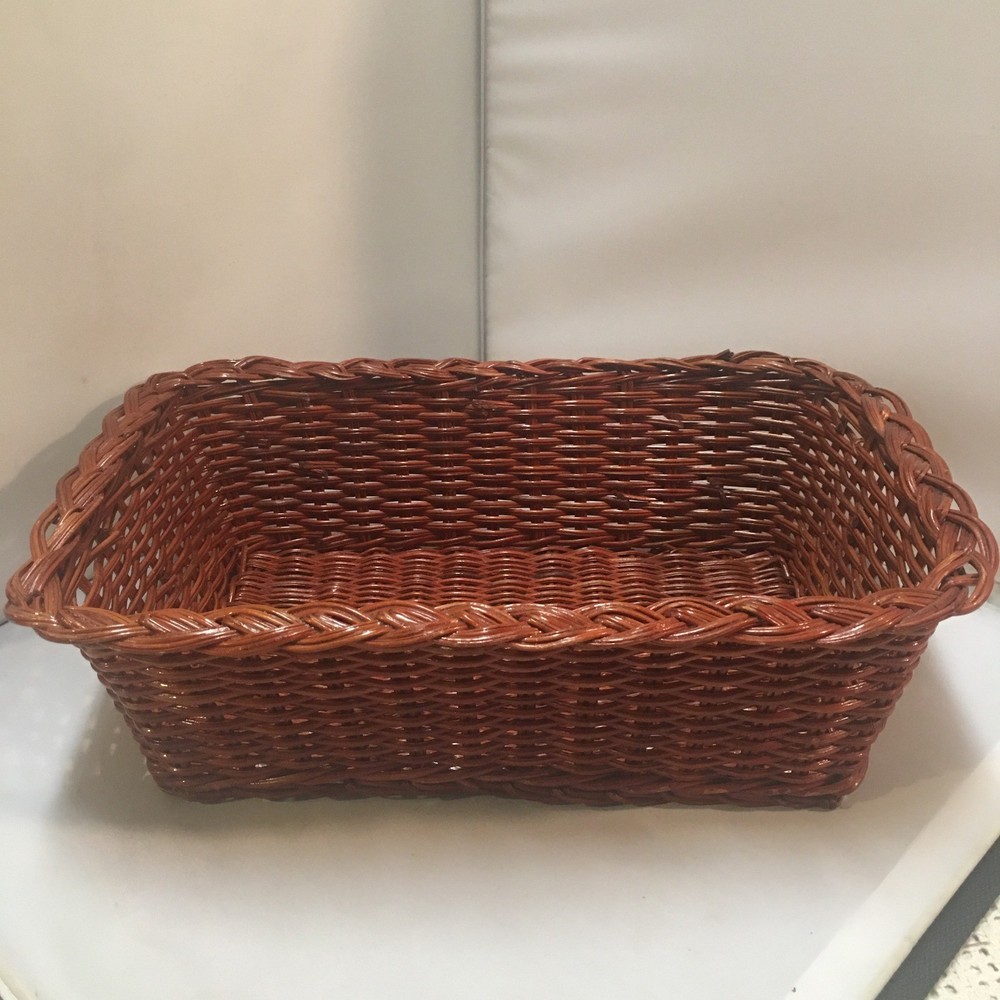 Woven Wicker Storage Basket Medium Brown Braided Rim Rectangular Cottagecore