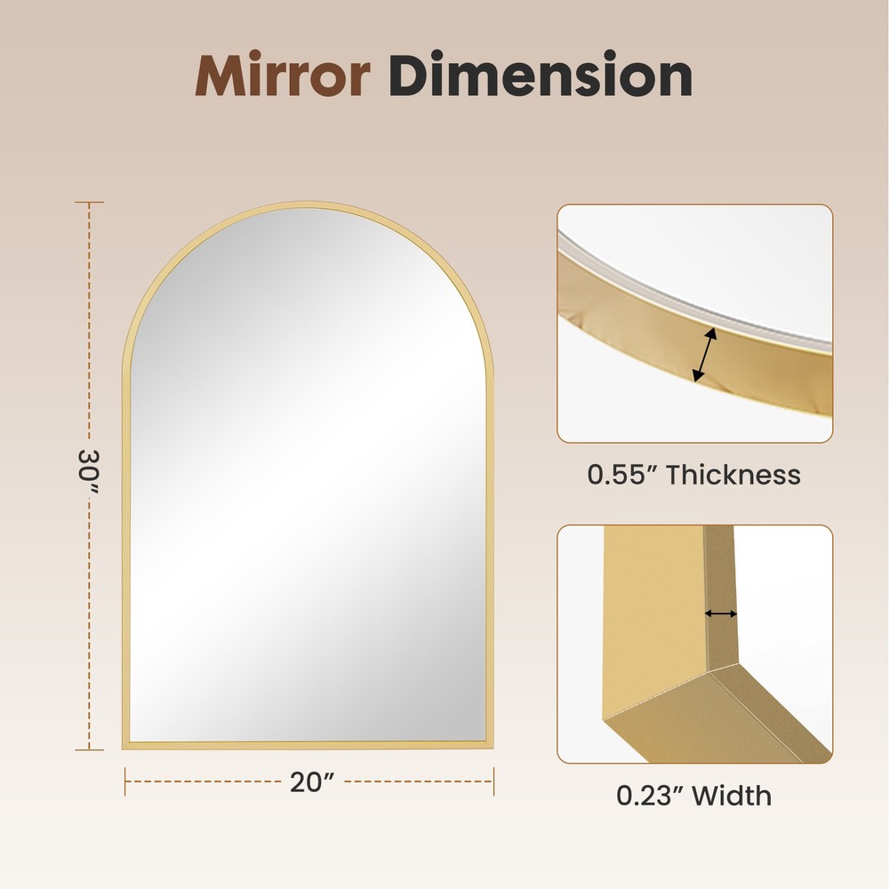 Gold Arched Wall Mounted Bathroom Metal Frame Vanity Mirror w/Shatterproof Glass