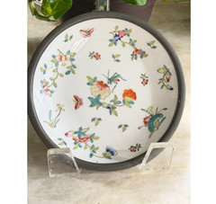 Vtg Pewter Encased Porcelain Bowl Hong Kong Hand Painted Floral Butterfly 7.25″