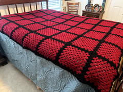 Vintage Crochet Throw Afghan Blanket 60×78 Deep Red Squares Outlined in Black