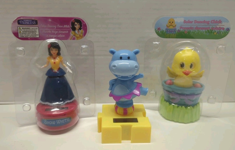 Lot Of 3- Solar Dancing Figures- Snow White, Chick, Hippo NEW
