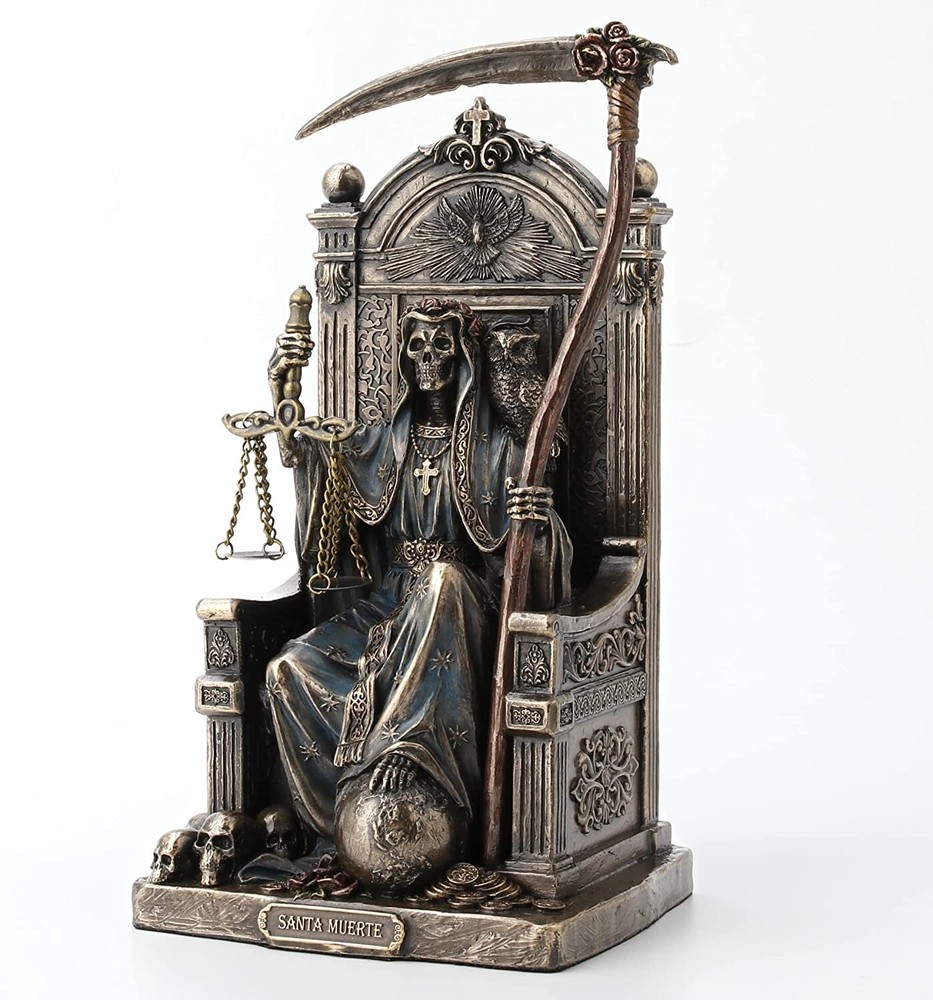 8 5″ Santa Muerte Goddess of Death on Throne w Scythe Scale Bronze Color Statue