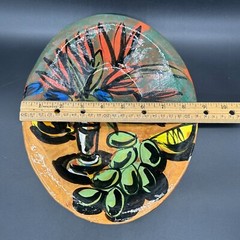 Pottery Bowl Wall Hanging Hand Painted Folk Art Redware Handmade Mid Century