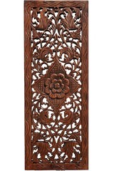 Floral Carved Wood Wall Panel. Teak Wood Wall Decor Hanging. Brown-Red Mahogany