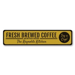 Personalized Fresh Brewed Coffee Shop Served Here Family Name Metal Decor Sign
