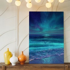 Aurora Borealis Over Calm Ocean Waves Canvas Wall Art Night Sky Print Wall Home