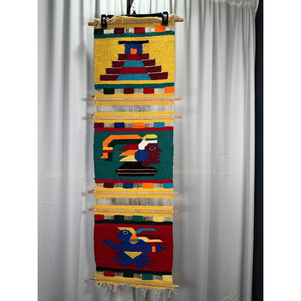 VTG Peruvian Handwoven Wool Wall Hanging Textile Art Pyramid Indigenous 48×15″