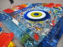 Fused Glass Round Evil Eye Mosaic Decor Wall Hanging, ~10″ long, 5″ diameter
