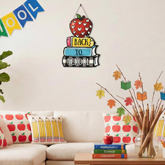 Smile Back to School Wooden Door Sign – Apple, Pencil & Book Stack Wall Decor fo