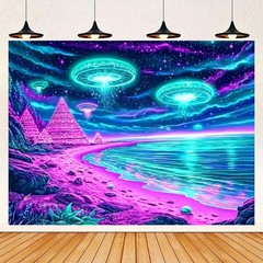 Alien UFO Pyramid Blacklight Tapestry Glow In Dark UV Reactive Neon Art 78×59″