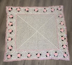 Vintage Handmade Crochet Afghan Throw Blanket White 3D Pink Roses Cottage Core