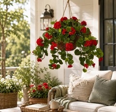 24″ Flowering Geranium Artificial Plant Hanging Basket Home Decor. Retail $88