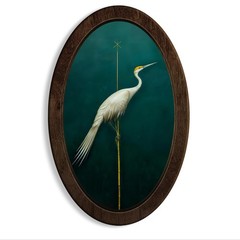 Vintage Japanese Crane Oval Wall Art Decor, Dark Green Japandi Bird Framed Wa…