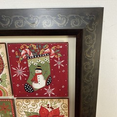 Framed Set Of 4 Wood Squares Christmas Themed Stocking, Holly, Poinsettias 18X18