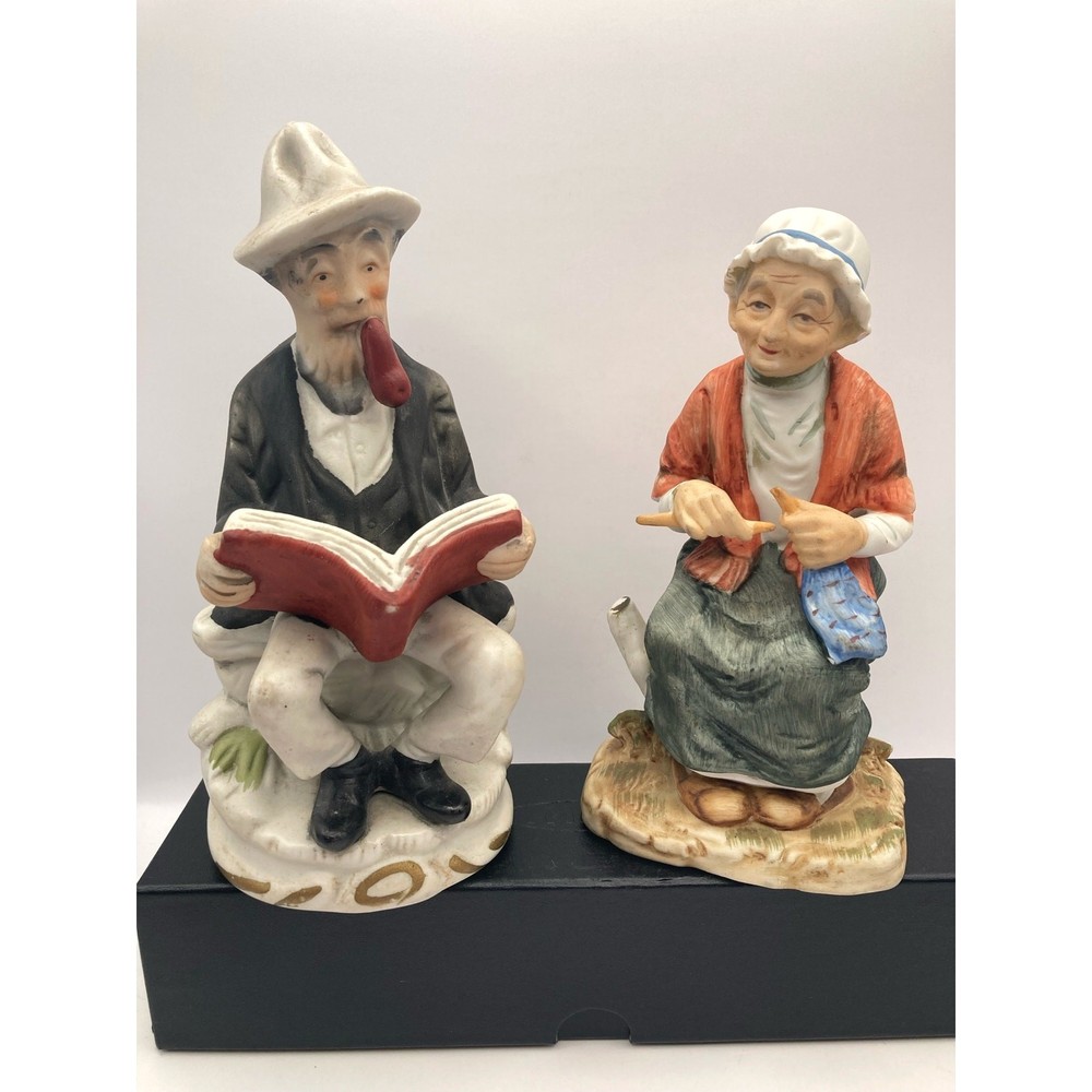 Vintage Ceramic Figurines Couple Reading Book and Knitting-One Branded Japan